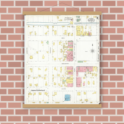 Old map wall art mockup — magnetic wood frame on brick wall — Sanborn Fire Insurance Map from Marengo, Iowa County, Iowa (1898), Sheet #0004