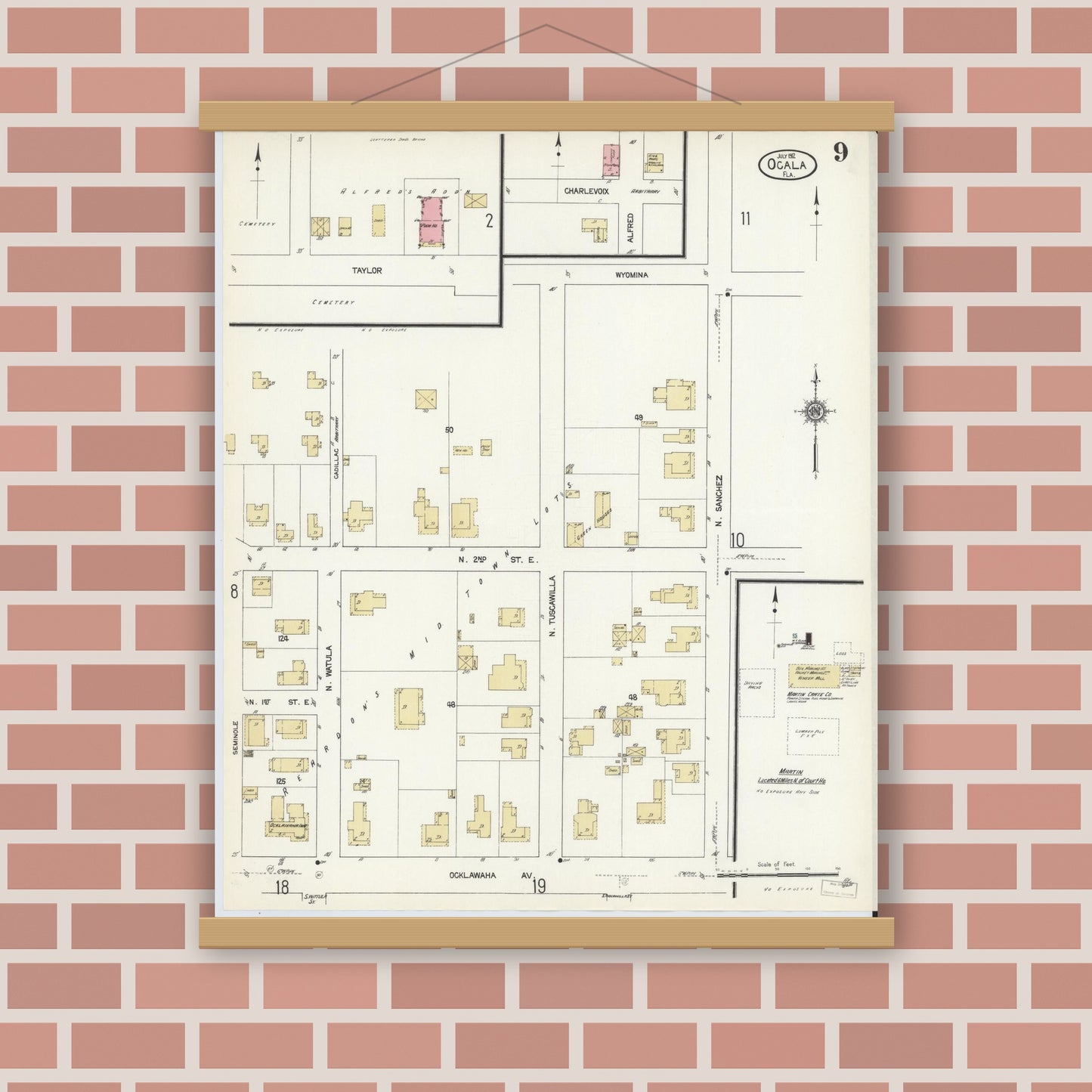 Old map wall art mockup — magnetic wood frame on brick wall — Sanborn Fire Insurance Map from Ocala, Marion County, Florida (1912), Sheet #0009