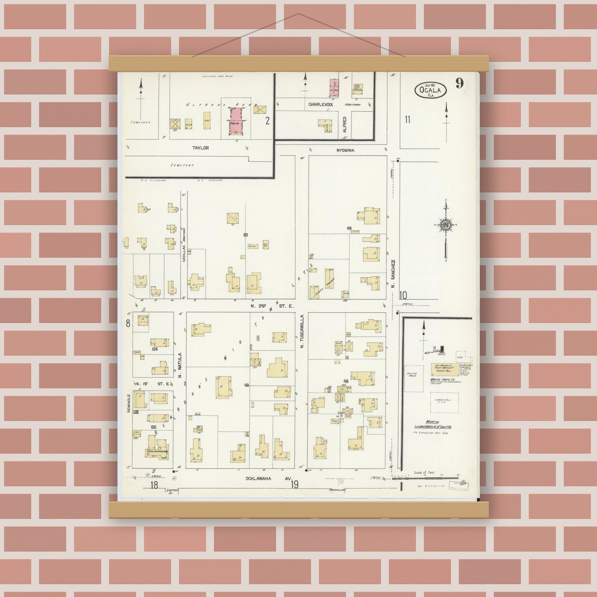 Old map wall art mockup — magnetic wood frame on brick wall — Sanborn Fire Insurance Map from Ocala, Marion County, Florida (1912), Sheet #0009