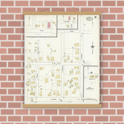Old map wall art mockup — magnetic wood frame on brick wall — Sanborn Fire Insurance Map from Ocala, Marion County, Florida (1912), Sheet #0009