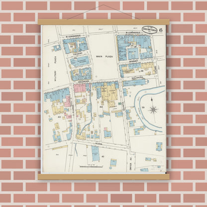 Old map wall art mockup — magnetic wood frame on brick wall — Sanborn Fire Insurance Map from San Antonio, Bexar County, Texas (1888), Sheet #0006