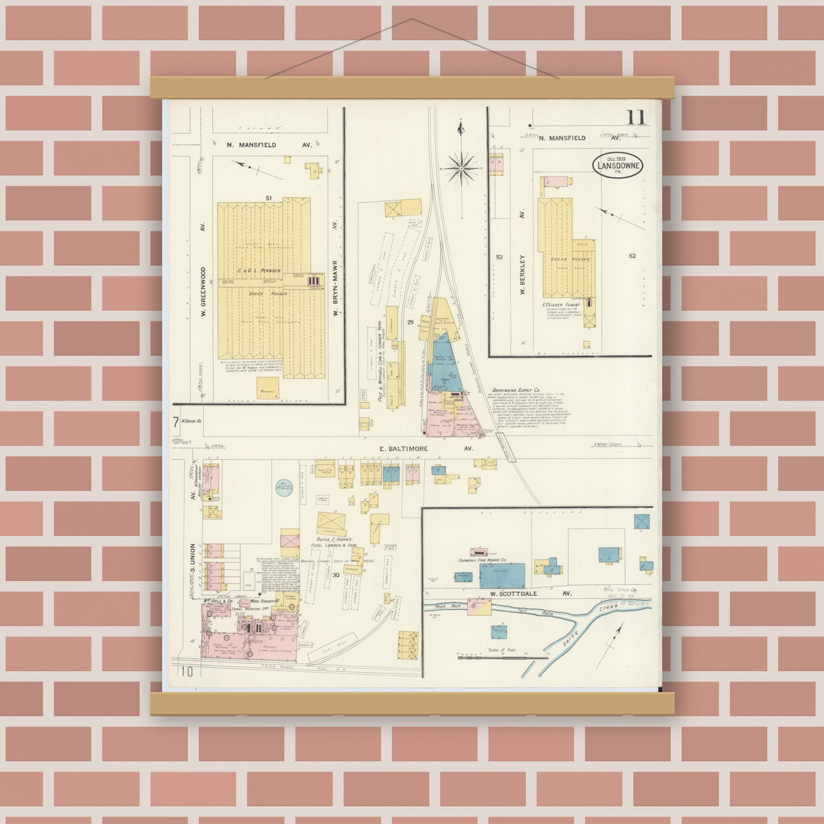 Old map wall art mockup — magnetic wood frame on brick wall — Sanborn Fire Insurance Map from Lansdowne, Delaware County, Pennsylvania (1908), Sheet #0011