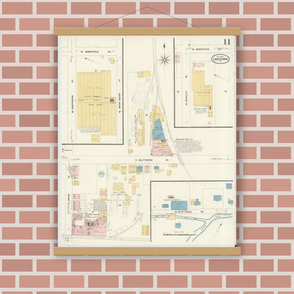 Old map wall art mockup — magnetic wood frame on brick wall — Sanborn Fire Insurance Map from Lansdowne, Delaware County, Pennsylvania (1908), Sheet #0011