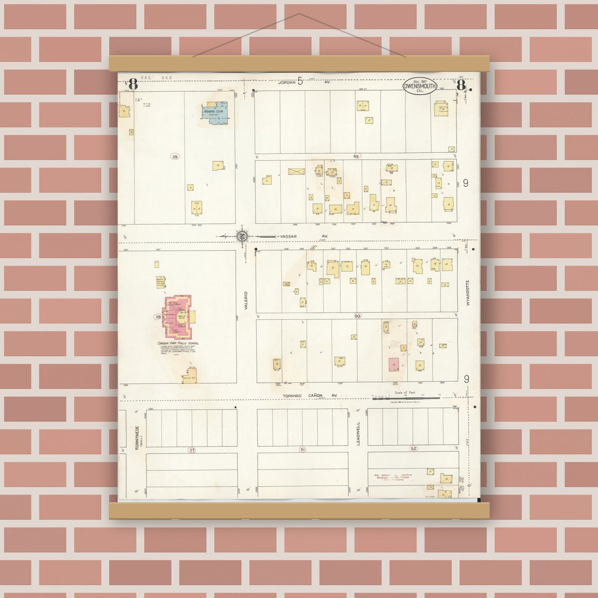 Old map wall art mockup — magnetic wood frame on brick wall — Sanborn Fire Insurance Map from Canoga Park, Los Angeles County, California (1932), Sheet #0008