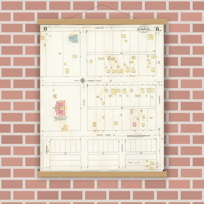 Old map wall art mockup — magnetic wood frame on brick wall — Sanborn Fire Insurance Map from Canoga Park, Los Angeles County, California (1932), Sheet #0008