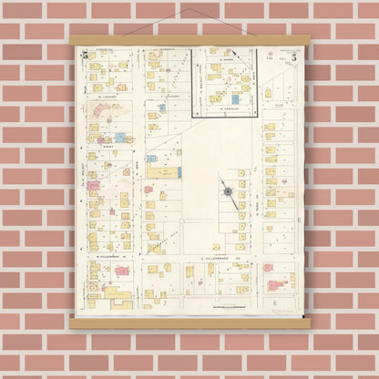 Old map wall art mockup — magnetic wood frame on brick wall — Sanborn Fire Insurance Map from Batesville, Ripley County, Indiana (1948), Sheet #0005