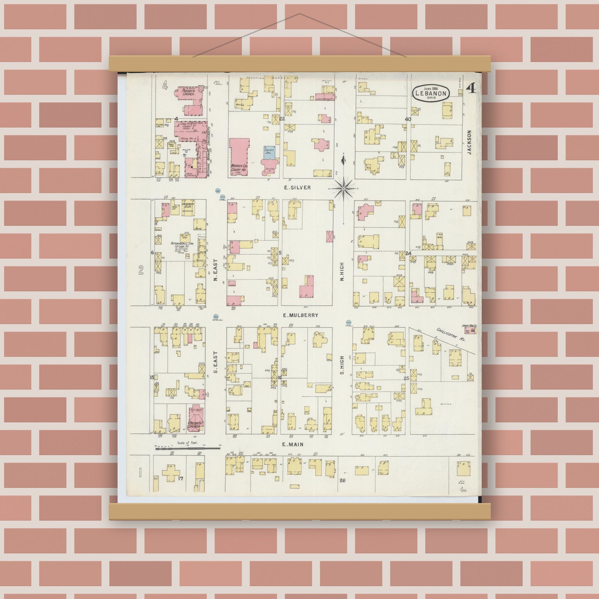 Old map wall art mockup — magnetic wood frame on brick wall — Sanborn Fire Insurance Map from Lebanon, Warren County, Ohio (1895), Sheet #0004