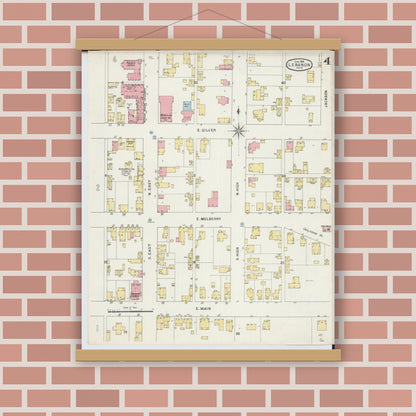 Old map wall art mockup — magnetic wood frame on brick wall — Sanborn Fire Insurance Map from Lebanon, Warren County, Ohio (1895), Sheet #0004