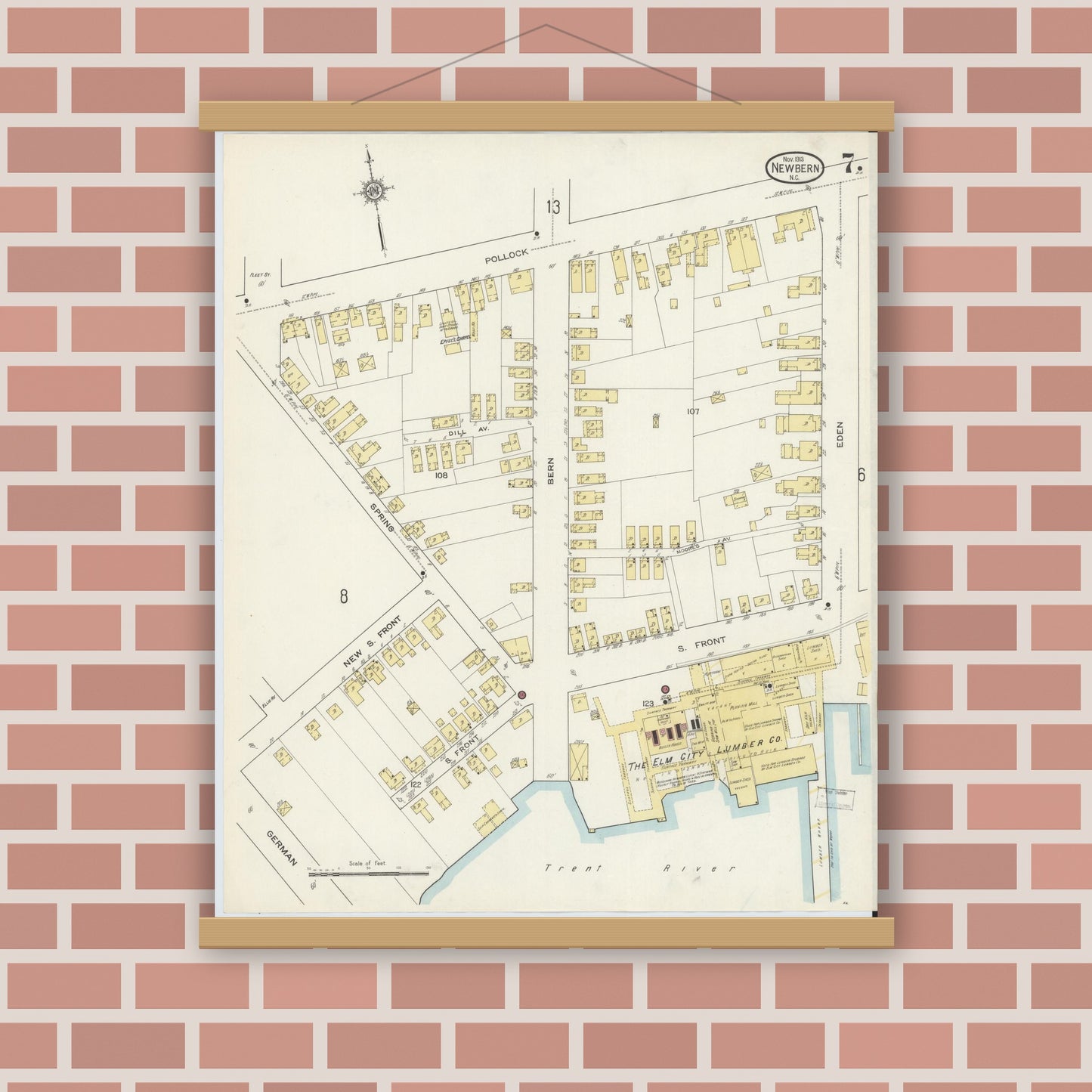 Old map wall art mockup — magnetic wood frame on brick wall — Sanborn Fire Insurance Map from New Bern, Craven County, North Carolina (1913), Sheet #0007