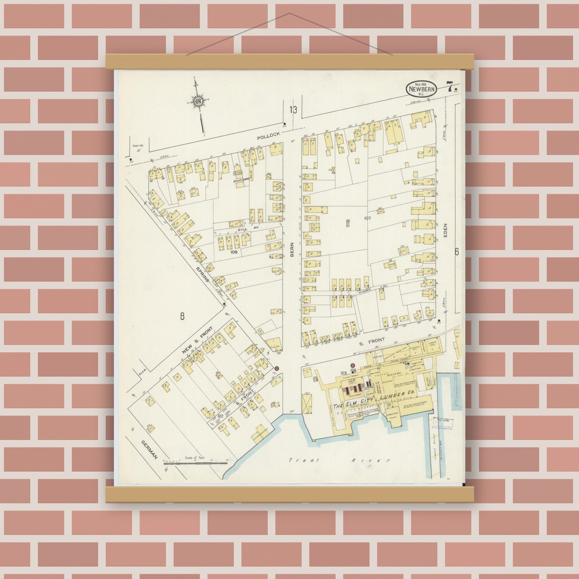 Old map wall art mockup — magnetic wood frame on brick wall — Sanborn Fire Insurance Map from New Bern, Craven County, North Carolina (1913), Sheet #0007