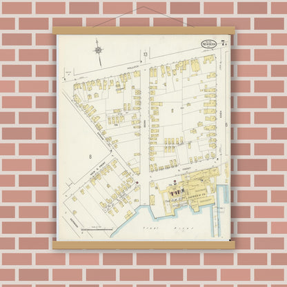 Old map wall art mockup — magnetic wood frame on brick wall — Sanborn Fire Insurance Map from New Bern, Craven County, North Carolina (1913), Sheet #0007