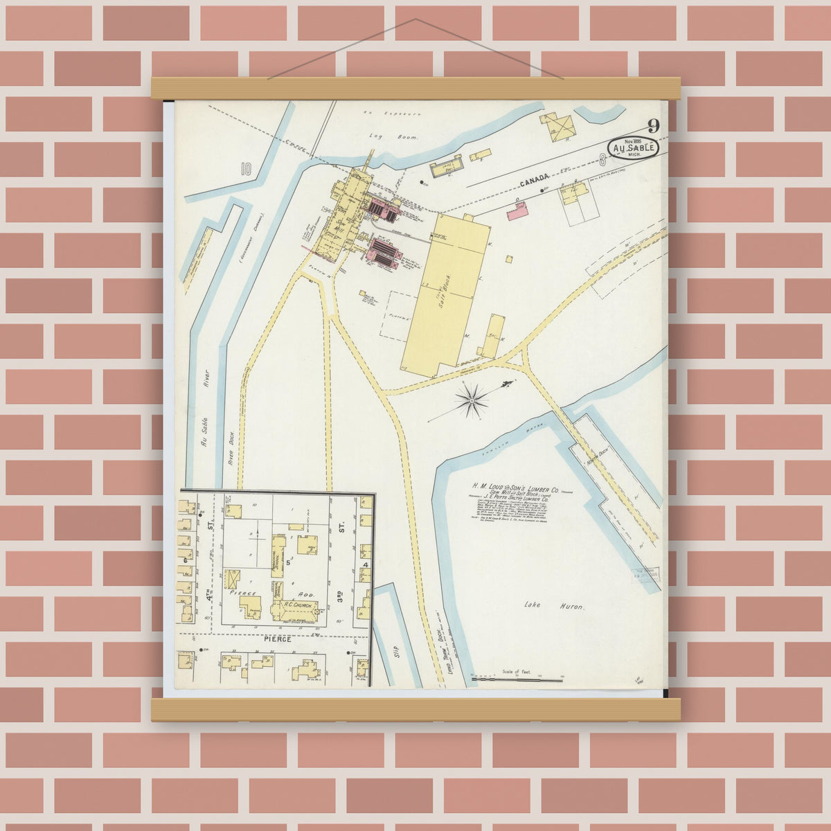Old map wall art mockup — magnetic wood frame on brick wall — Sanborn Fire Insurance Map from Oscoda, Iosco County, Michigan (1895), Sheet #0009