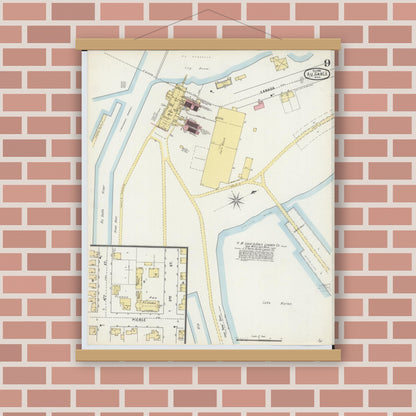 Old map wall art mockup — magnetic wood frame on brick wall — Sanborn Fire Insurance Map from Oscoda, Iosco County, Michigan (1895), Sheet #0009