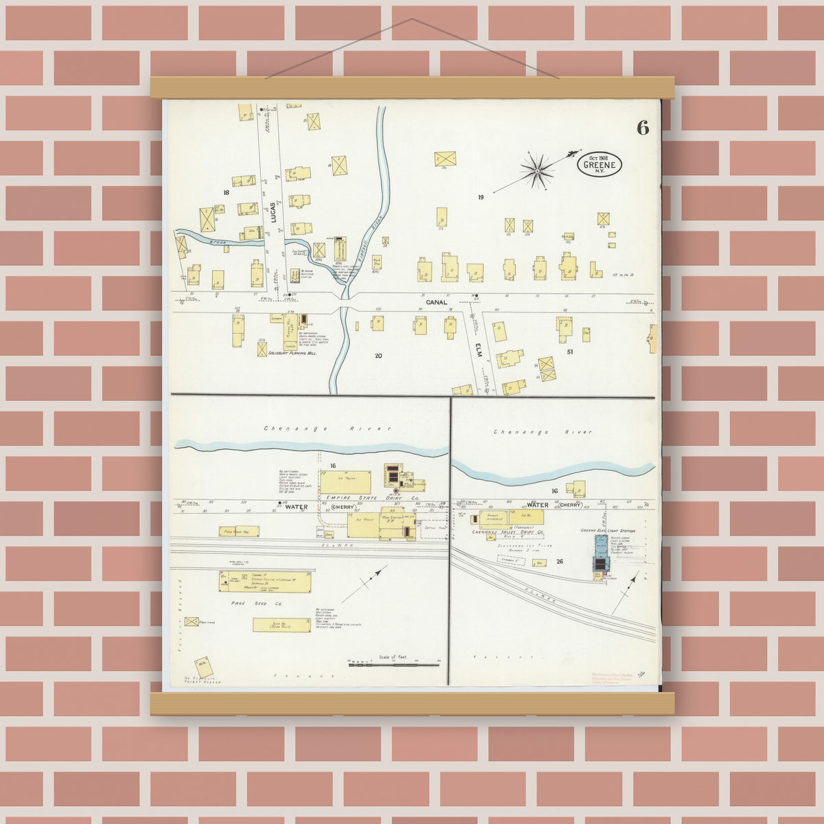 Old map wall art mockup — magnetic wood frame on brick wall — Sanborn Fire Insurance Map from Greene, Chenango County, New York (1908), Sheet #0006