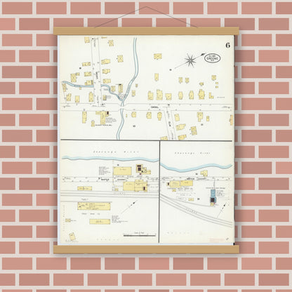 Old map wall art mockup — magnetic wood frame on brick wall — Sanborn Fire Insurance Map from Greene, Chenango County, New York (1908), Sheet #0006