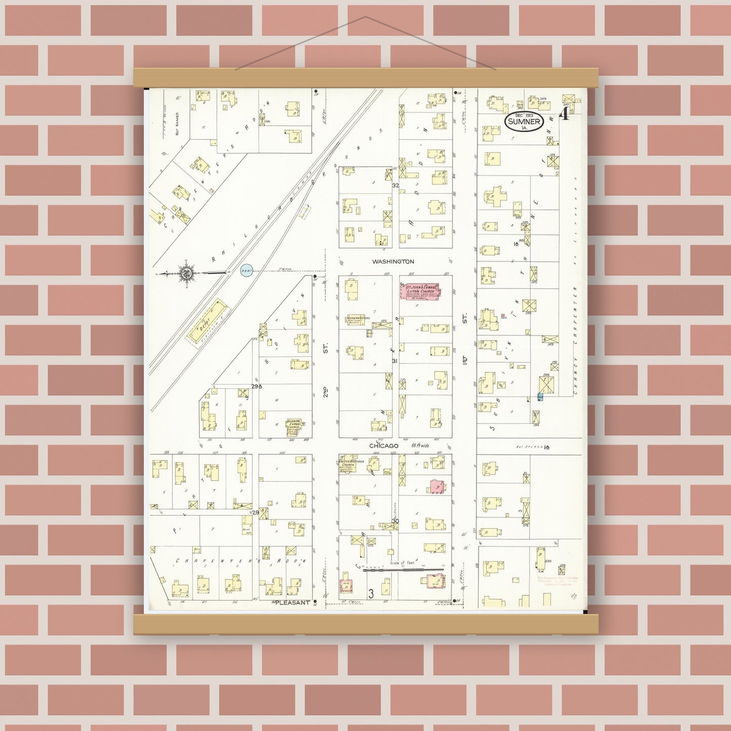 Old map wall art mockup — magnetic wood frame on brick wall — Sanborn Fire Insurance Map from Sumner, Bremer County, Iowa (1913), Sheet #0004
