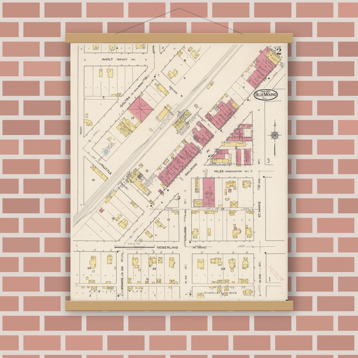Old map wall art mockup — magnetic wood frame on brick wall — Sanborn Fire Insurance Map from Blue Mound, Macon County, Illinois (1922), Sheet #0002
