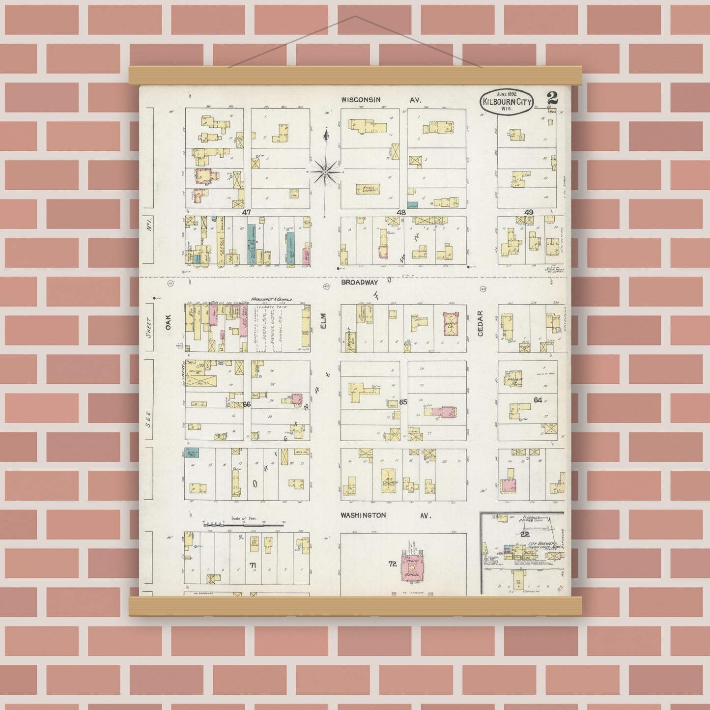 Old map wall art mockup — magnetic wood frame on brick wall — Sanborn Fire Insurance Map from Kilbourn, Columbia County, Wisconsin (1892), Sheet #0002
