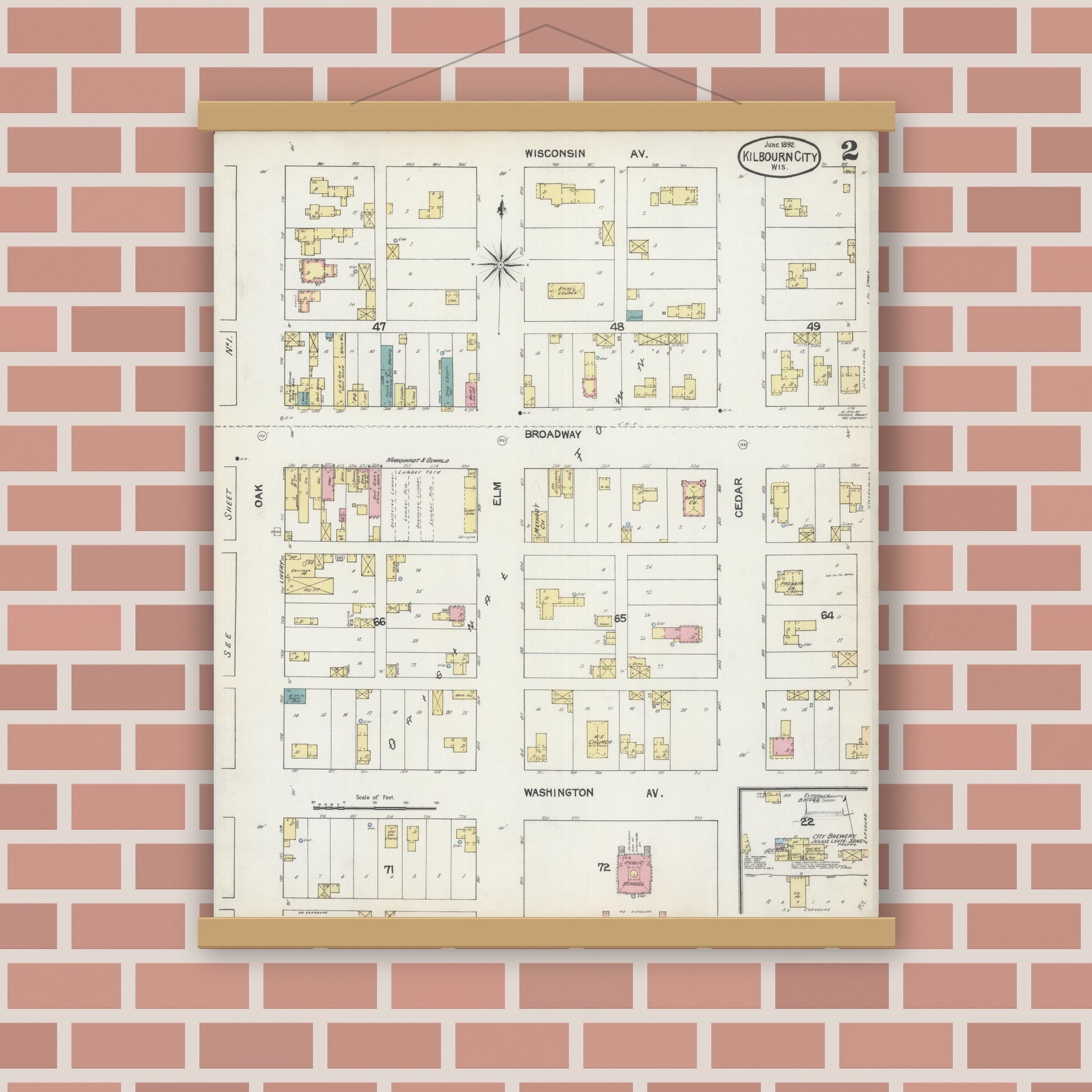 Old map wall art mockup — magnetic wood frame on brick wall — Sanborn Fire Insurance Map from Kilbourn, Columbia County, Wisconsin (1892), Sheet #0002