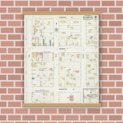 Old map wall art mockup — magnetic wood frame on brick wall — Sanborn Fire Insurance Map from Kilbourn, Columbia County, Wisconsin (1892), Sheet #0002