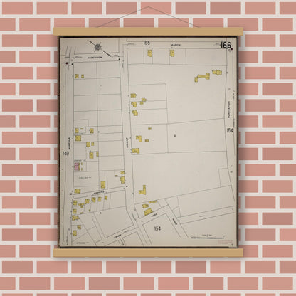 Old map wall art mockup — magnetic wood frame on brick wall — Sanborn Fire Insurance Map from Worcester, Worcester County, Massachusetts (1910), Sheet #0166