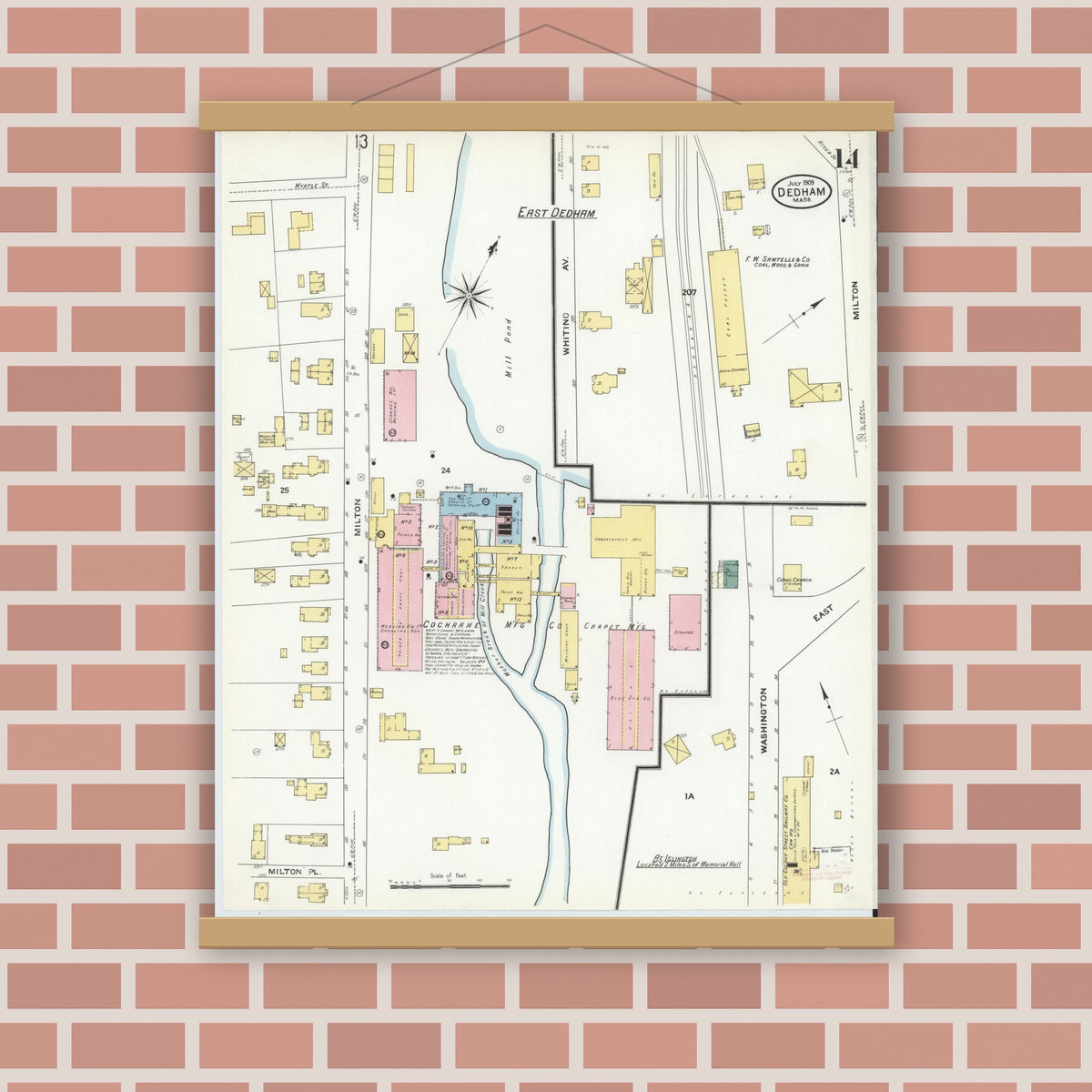 Old map wall art mockup — magnetic wood frame on brick wall — Sanborn Fire Insurance Map from Dedham, Norfolk County, Massachusetts (1909), Sheet #0014