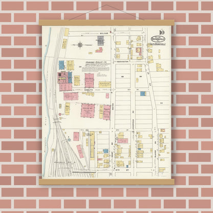 Old map wall art mockup — magnetic wood frame on brick wall — Sanborn Fire Insurance Map from Brownsville, Fayette County, Pennsylvania (1921), Sheet #0010