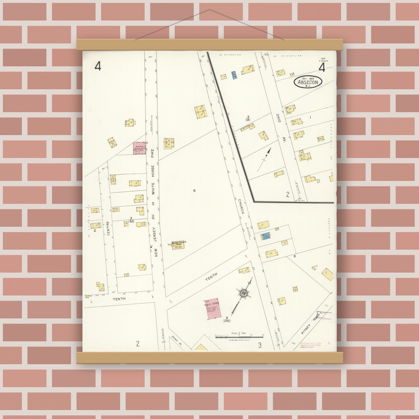 Old map wall art mockup — magnetic wood frame on brick wall — Sanborn Fire Insurance Map from Absecon, Atlantic County, New Jersey (1923), Sheet #0004