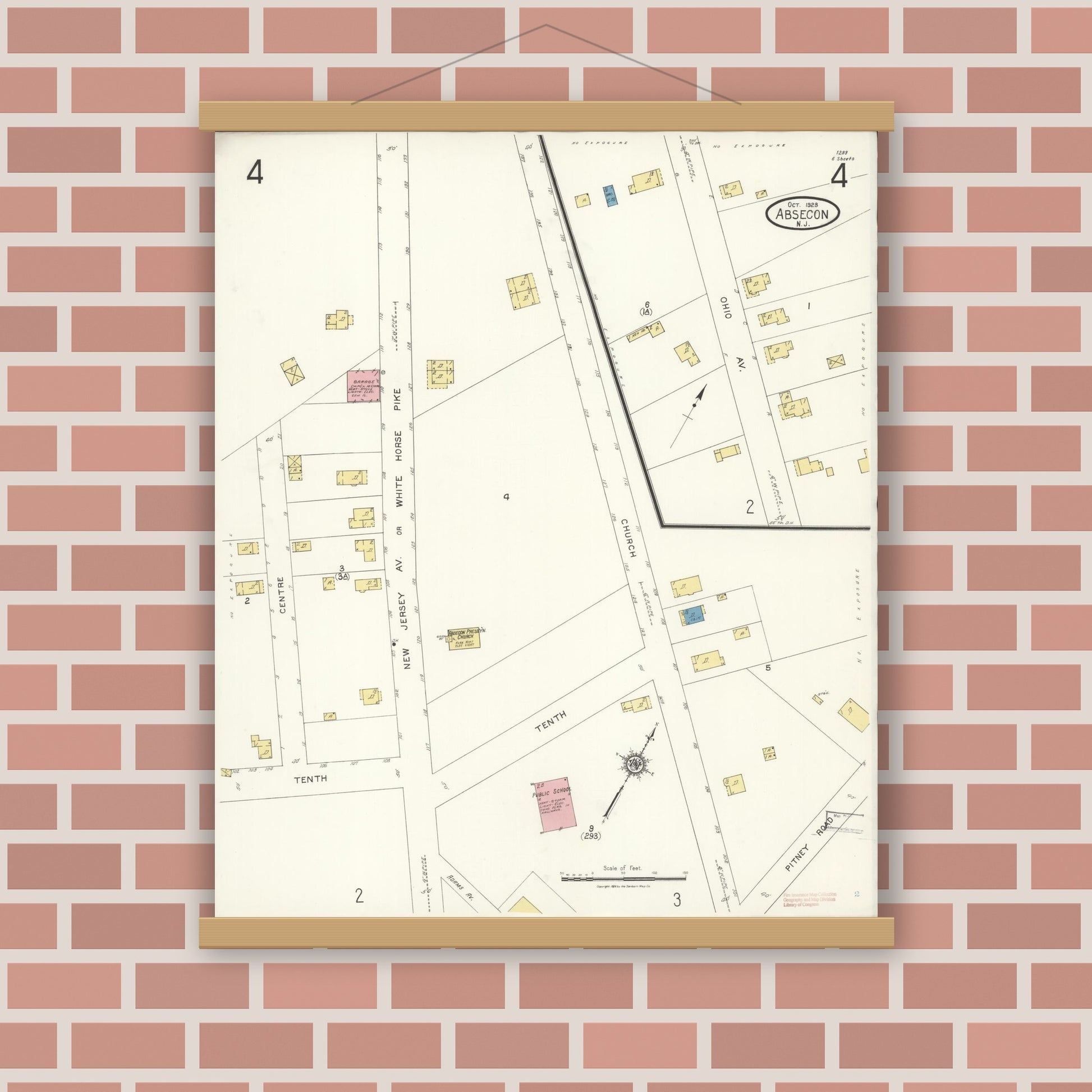 Old map wall art mockup — magnetic wood frame on brick wall — Sanborn Fire Insurance Map from Absecon, Atlantic County, New Jersey (1923), Sheet #0004