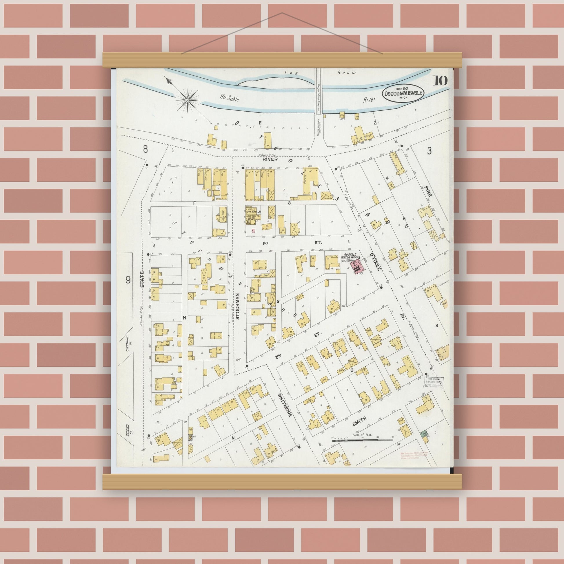 Old map wall art mockup — magnetic wood frame on brick wall — Sanborn Fire Insurance Map from Oscoda, Iosco County, Michigan (1901), Sheet #0010