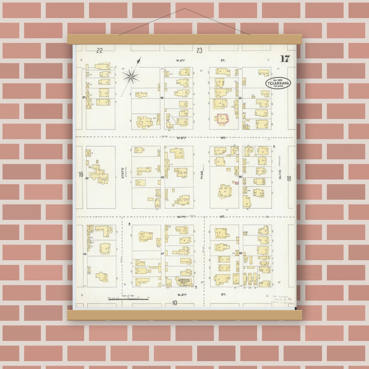 Old map wall art mockup — magnetic wood frame on brick wall — Sanborn Fire Insurance Map from Texarkana, Bowie County, Texas (1905), Sheet #0017