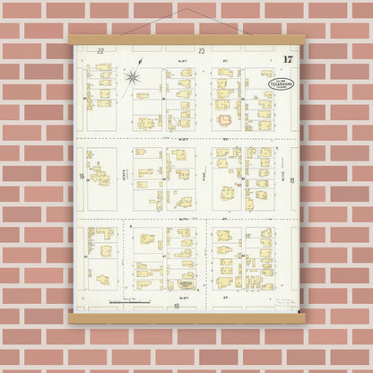 Old map wall art mockup — magnetic wood frame on brick wall — Sanborn Fire Insurance Map from Texarkana, Bowie County, Texas (1905), Sheet #0017