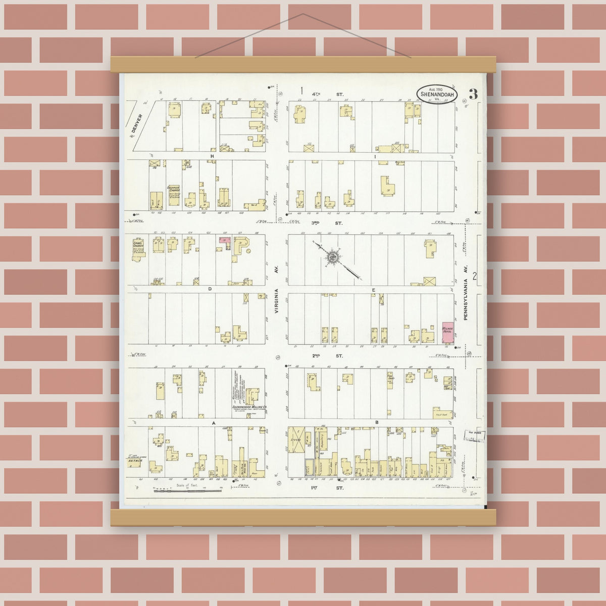 Old map wall art mockup — magnetic wood frame on brick wall — Sanborn Fire Insurance Map from Shenandoah, Page County, Virginia (1910), Sheet #0003