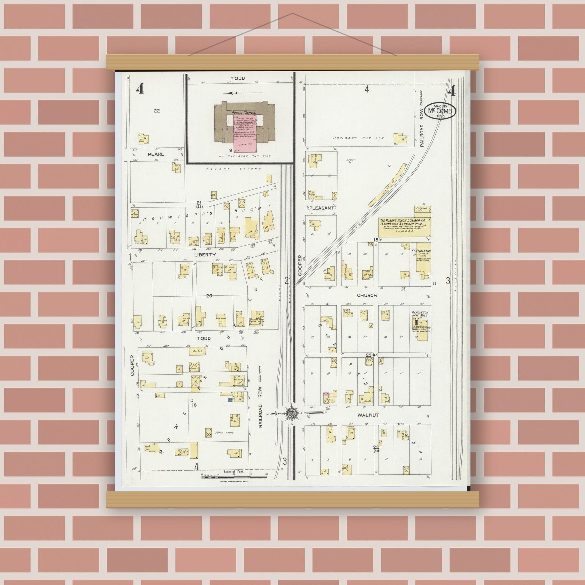 Old map wall art mockup — magnetic wood frame on brick wall — Sanborn Fire Insurance Map from McComb, Hancock County, Ohio (1924), Sheet #0004