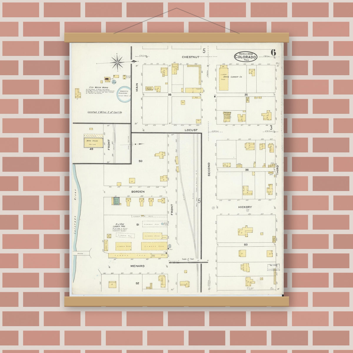 Old map wall art mockup — magnetic wood frame on brick wall — Sanborn Fire Insurance Map from Colorado, Mitchell County, Texas (1908), Sheet #0006