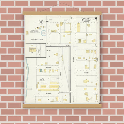 Old map wall art mockup — magnetic wood frame on brick wall — Sanborn Fire Insurance Map from Colorado, Mitchell County, Texas (1908), Sheet #0006
