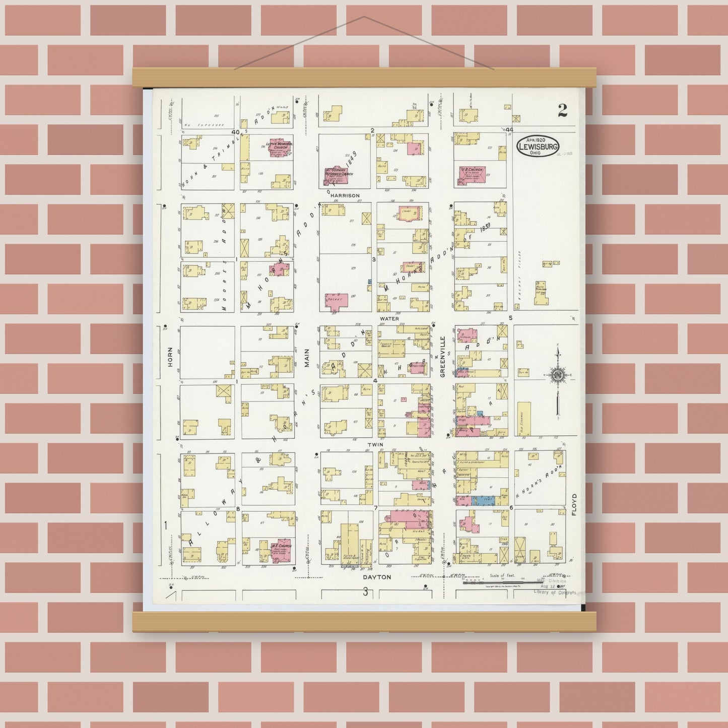 Old map wall art mockup — magnetic wood frame on brick wall — Sanborn Fire Insurance Map from Lewisburg, Preble County, Ohio (1920), Sheet #0002