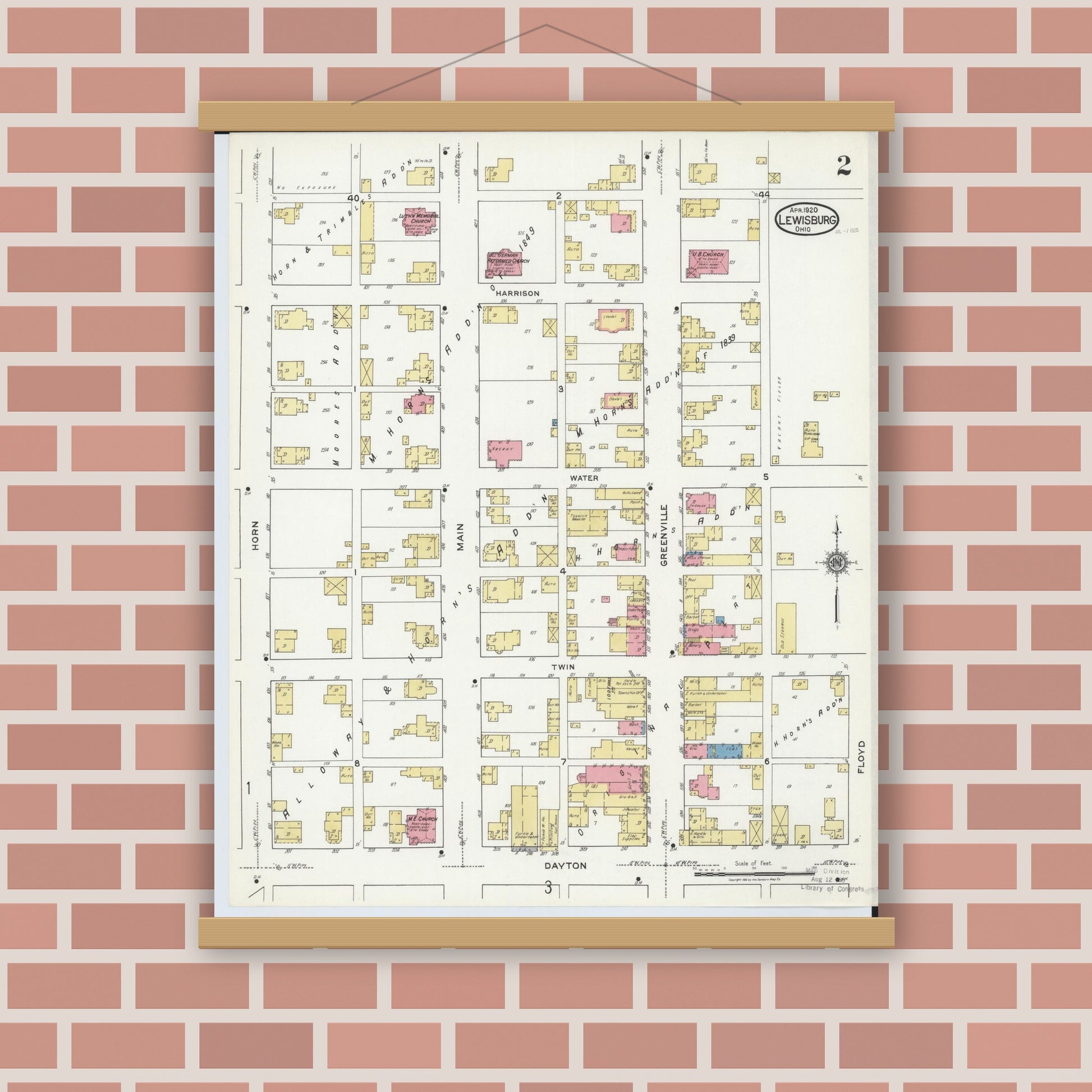 Old map wall art mockup — magnetic wood frame on brick wall — Sanborn Fire Insurance Map from Lewisburg, Preble County, Ohio (1920), Sheet #0002
