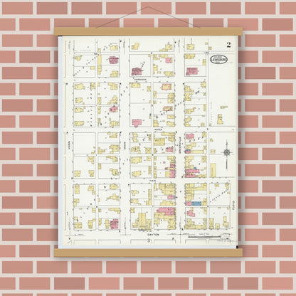 Old map wall art mockup — magnetic wood frame on brick wall — Sanborn Fire Insurance Map from Lewisburg, Preble County, Ohio (1920), Sheet #0002
