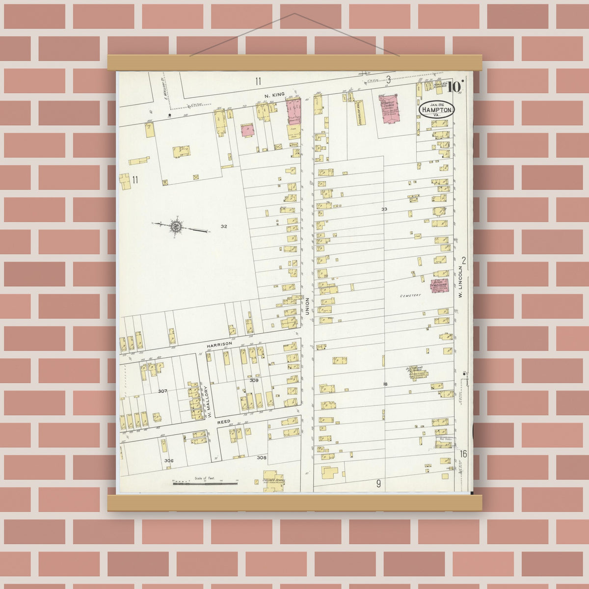 Old map wall art mockup — magnetic wood frame on brick wall — Sanborn Fire Insurance Map from Hampton, Independent Cities, Virginia (1916), Sheet #0010