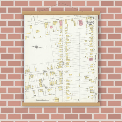 Old map wall art mockup — magnetic wood frame on brick wall — Sanborn Fire Insurance Map from Hampton, Independent Cities, Virginia (1916), Sheet #0010