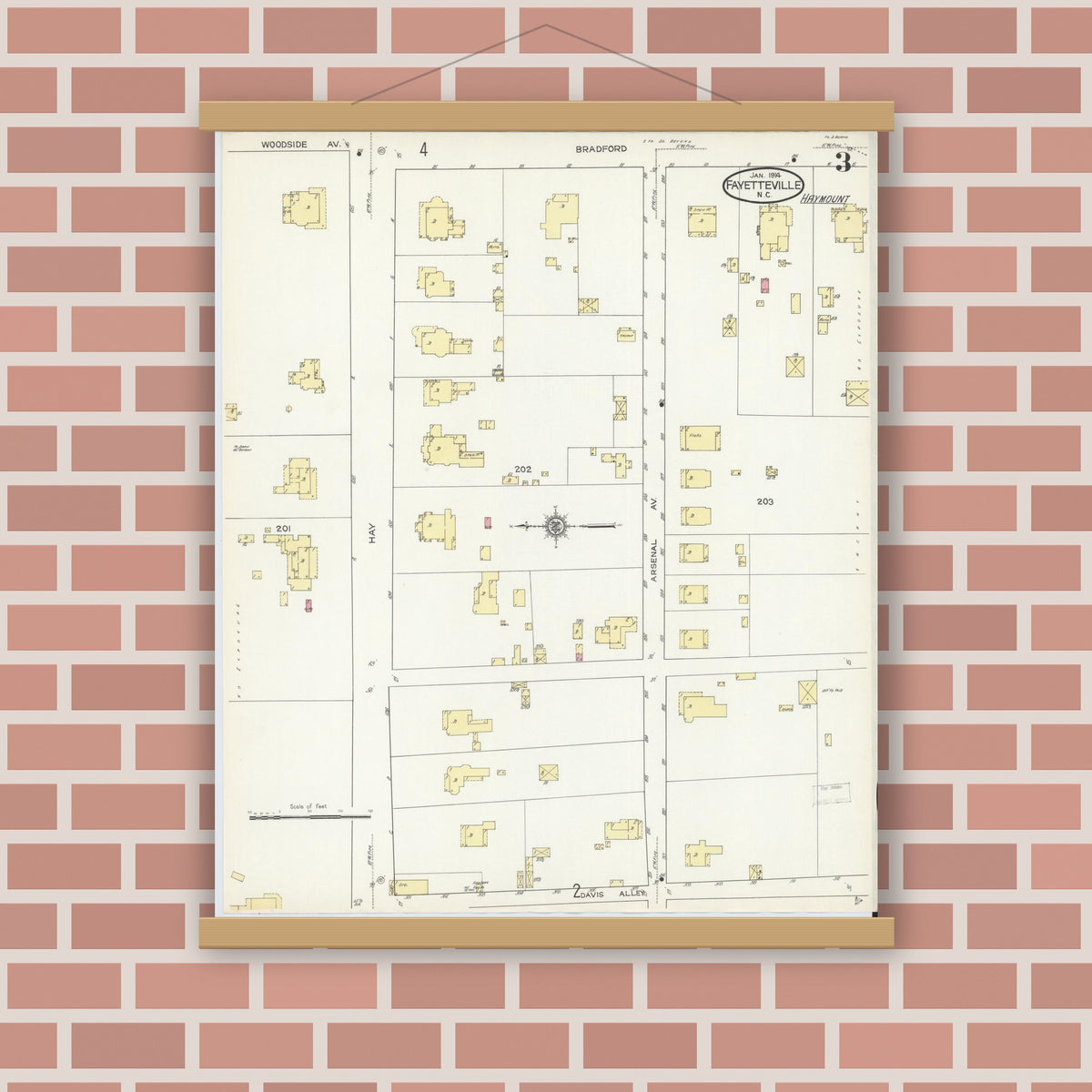 Old map wall art mockup — magnetic wood frame on brick wall — Sanborn Fire Insurance Map from Fayetteville, Cumberland County, North Carolina (1914), Sheet #0003