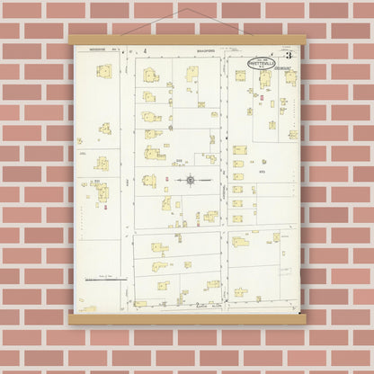 Old map wall art mockup — magnetic wood frame on brick wall — Sanborn Fire Insurance Map from Fayetteville, Cumberland County, North Carolina (1914), Sheet #0003