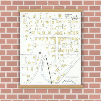 Old map wall art mockup — magnetic wood frame on brick wall — Sanborn Fire Insurance Map from Caldwell, Noble County, Ohio (1923), Sheet #0011