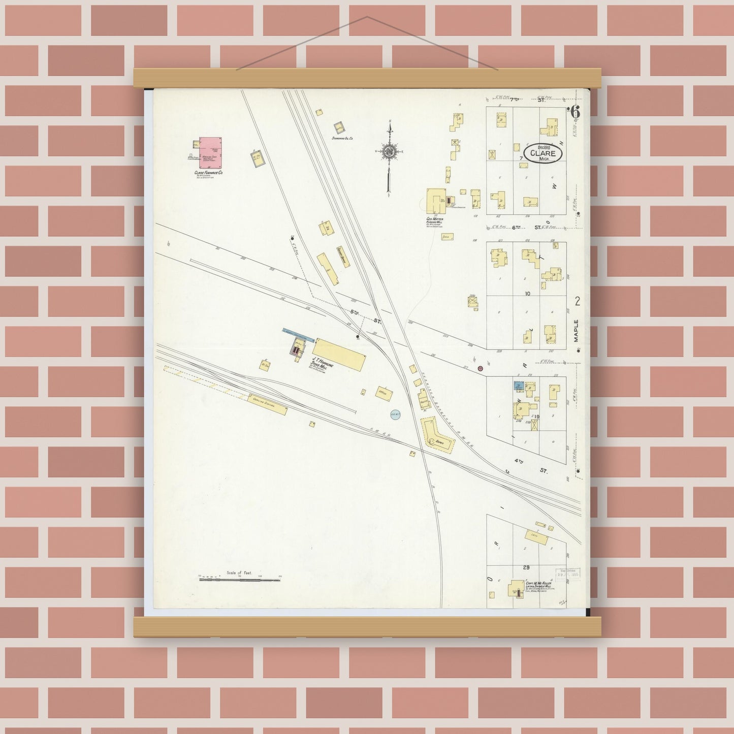 Old map wall art mockup — magnetic wood frame on brick wall — Sanborn Fire Insurance Map from Clare, Clare County, Michigan (1910), Sheet #0006
