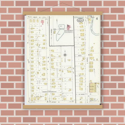 Old map wall art mockup — magnetic wood frame on brick wall — Sanborn Fire Insurance Map from Shelby, Richland County, Ohio (1911), Sheet #0004