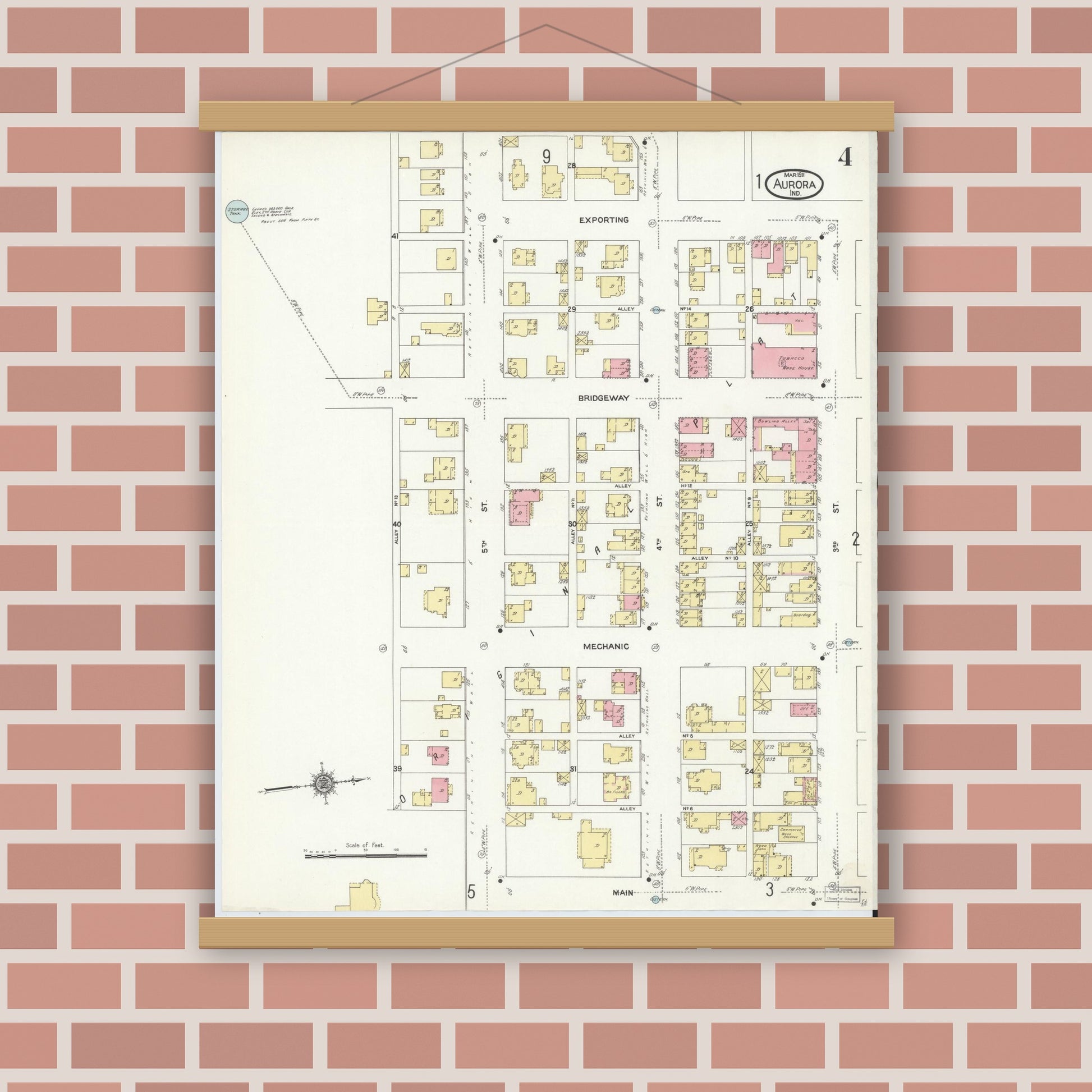 Old map wall art mockup — magnetic wood frame on brick wall — Sanborn Fire Insurance Map from Aurora, Dearborn County, Indiana (1911), Sheet #0004
