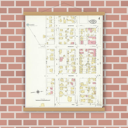 Old map wall art mockup — magnetic wood frame on brick wall — Sanborn Fire Insurance Map from Aurora, Dearborn County, Indiana (1911), Sheet #0004