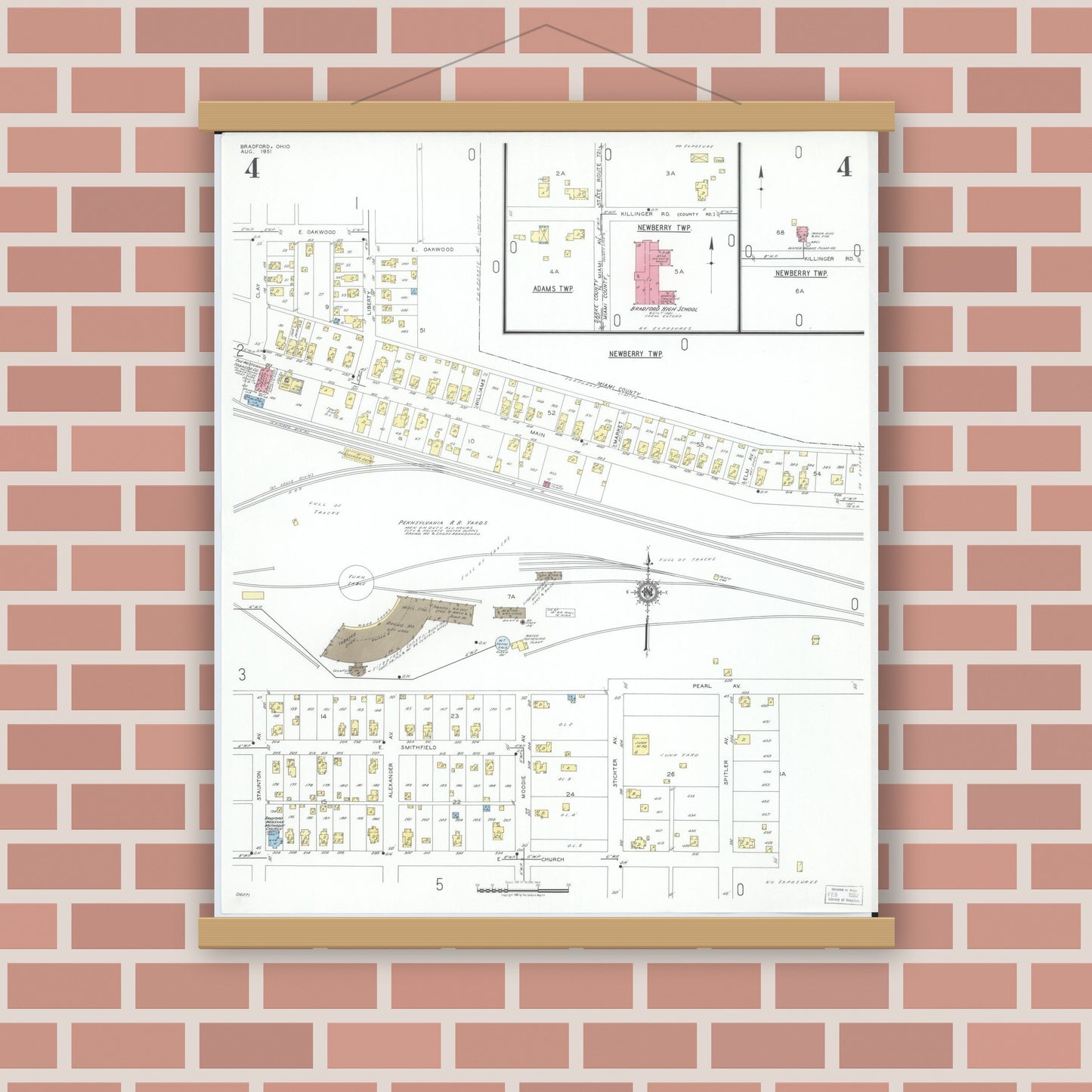 Old map wall art mockup — magnetic wood frame on brick wall — Sanborn Fire Insurance Map from Bradford, Darke and Miami Counties, Ohio (1951), Sheet #0004