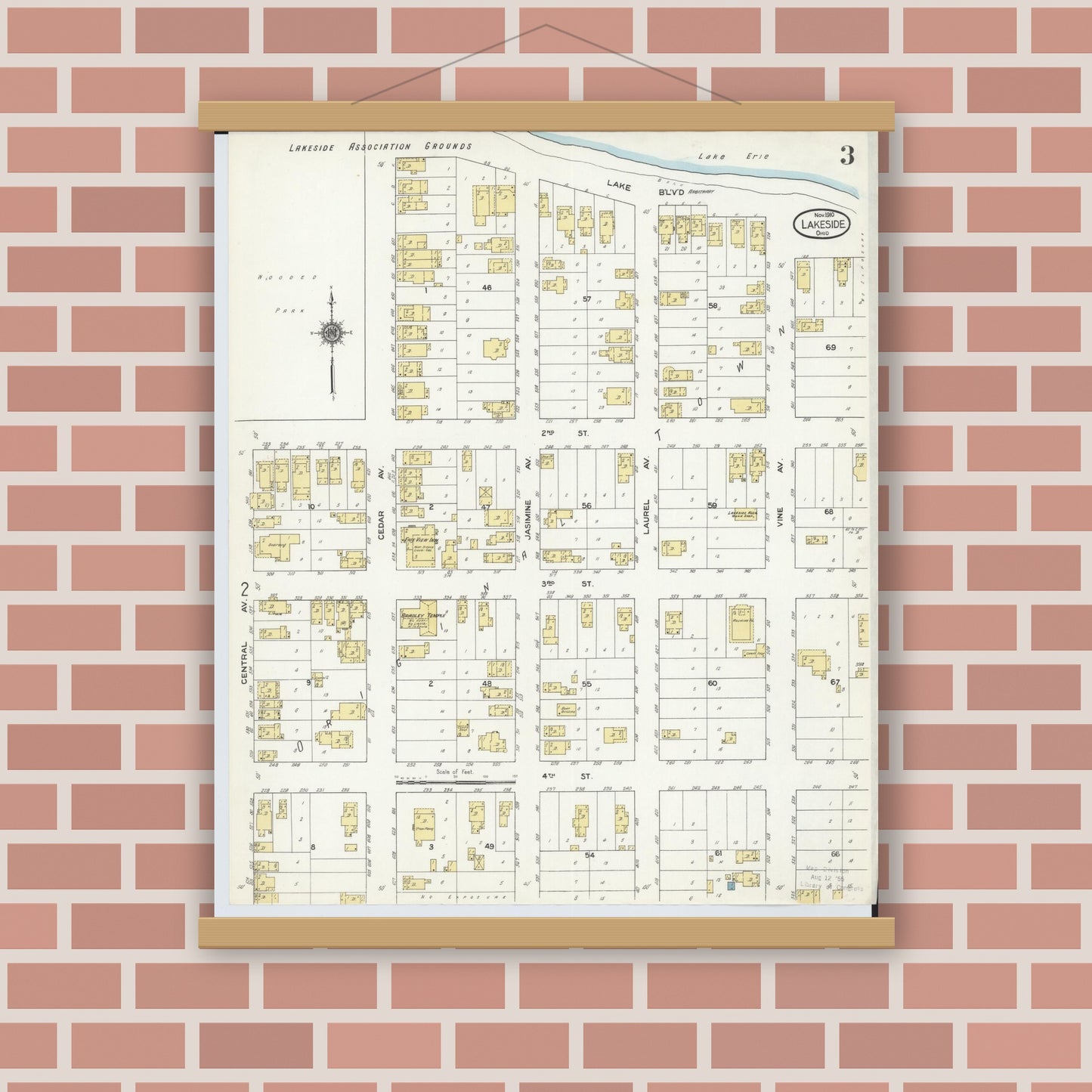 Old map wall art mockup — magnetic wood frame on brick wall — Sanborn Fire Insurance Map from Lakeside, Ottawa County, Ohio (1910), Sheet #0003